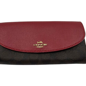 Coach Signature Flap Brown Burgundy Coated Canvas Leather Wa